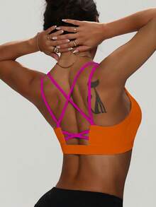 女士纯色圆领交叉可拆卸衬垫时尚针织运动文胸 - 橘色 - 查看 2