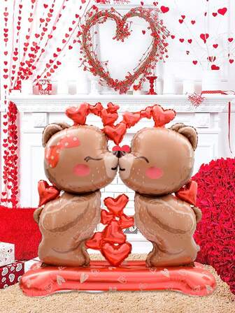 1pc Large Standing Valentine's Day Kissing Teddy Bear Balloon, Includes 2 Standing Teddy Bear Balloons, Suitable For Romantic Valentine's Day Party Decor, Wedding Decor, Anniversary, Bridal Shower, Photo Prop For Valentine's Day Party Ambiance