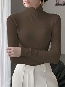 女士纯色针织交叉领打底衫，办公穿着，春季新款休闲款 - 咖啡棕 - 查看 3