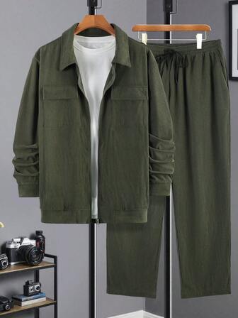 Herrgrön manchesterjacka med fickor med lock och dragsko i midjan, manchesterjacka, minimalistiskt multifunktionellt lättviktsset, lämplig för höst, vinter, vår och vardagsbruk