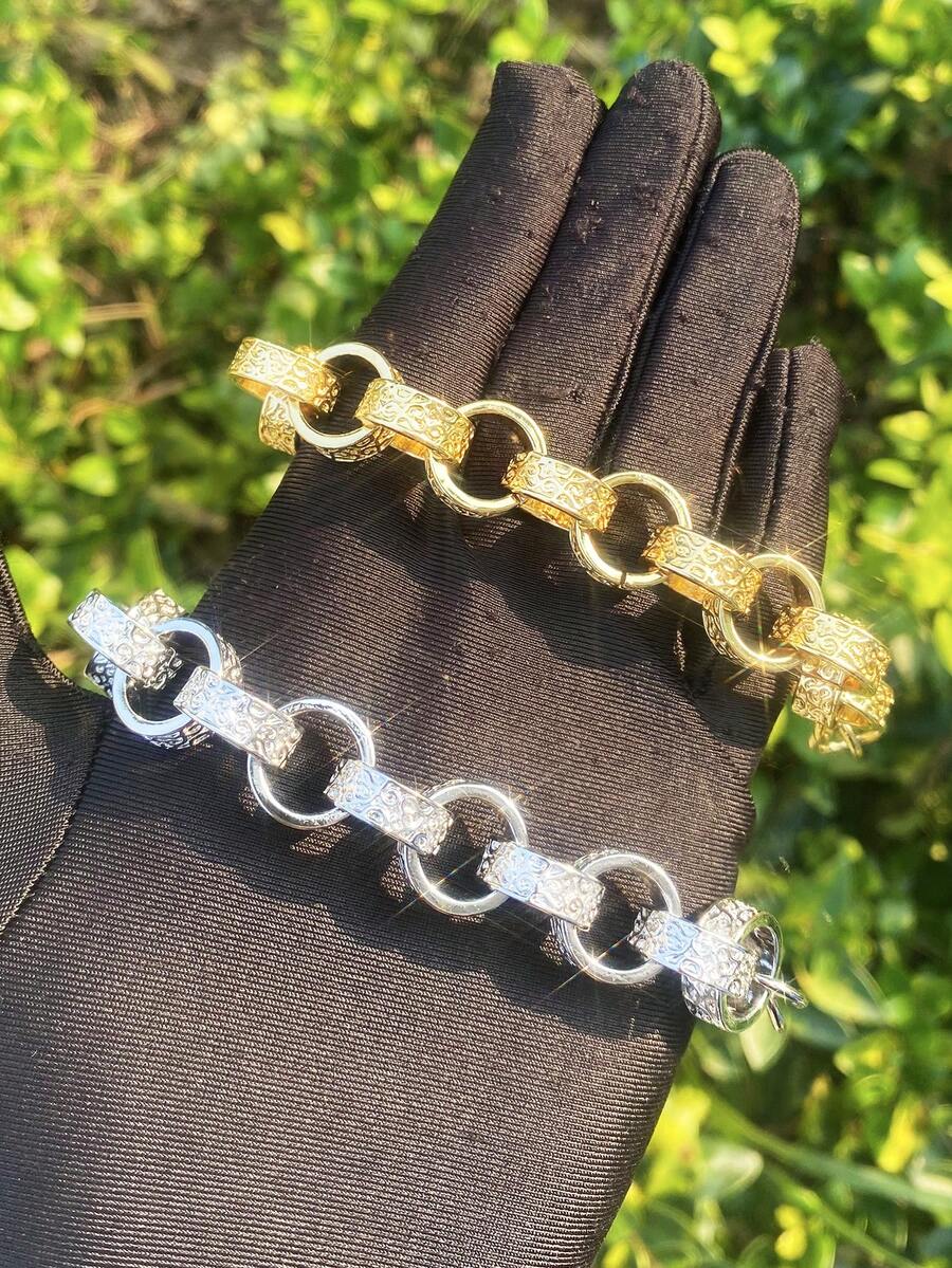 DUBSS 1 件装真铜图案圆环贝尔彻手链，男士镀金嘻哈饰品，阿尔伯特扣