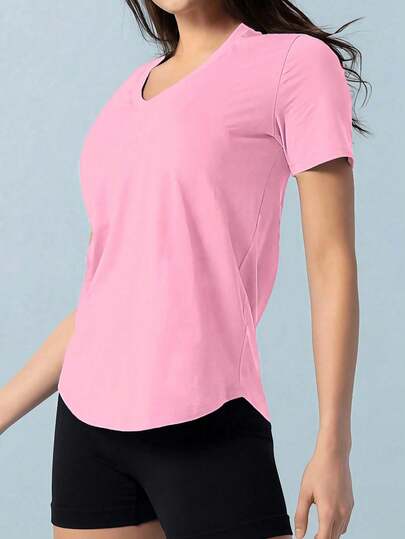 女士V领瑜伽上衣，户外跑步运动休闲宽松弹力短袖T恤