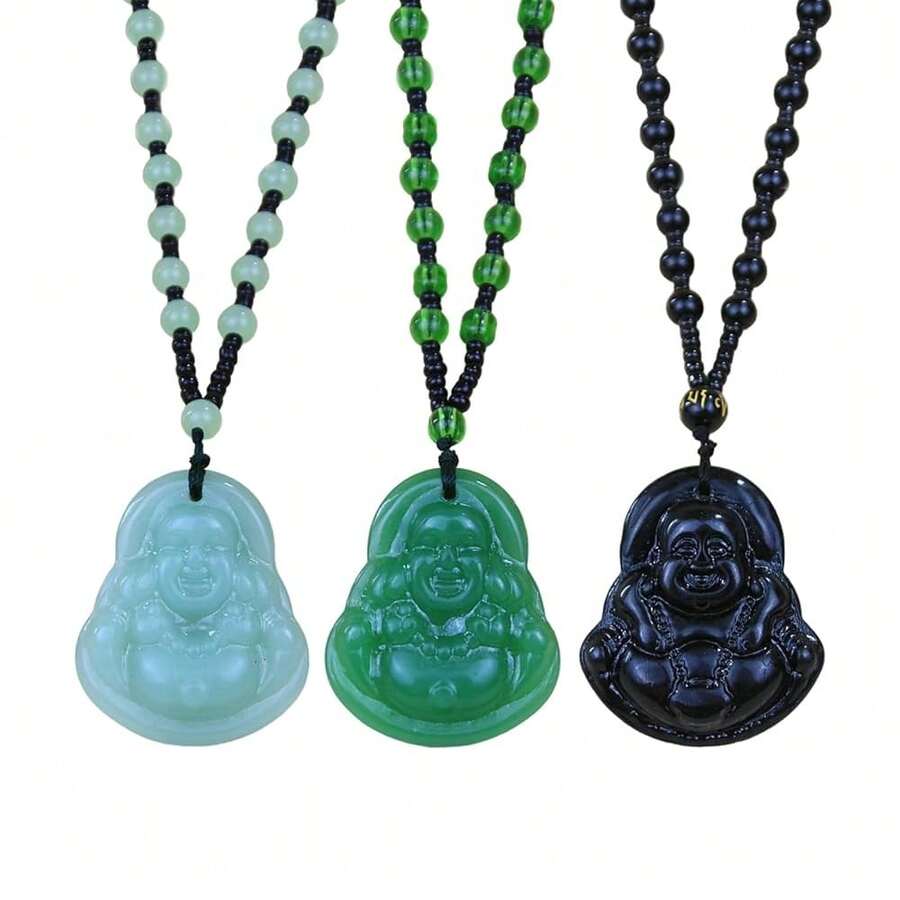 FORUBUS Green Jade Buddha Circle Red String Pendant Necklace - Chinese Traditional Amulet For Luck And Protection,A3pcsbuddha - A3pcs佛像 - 查看 1