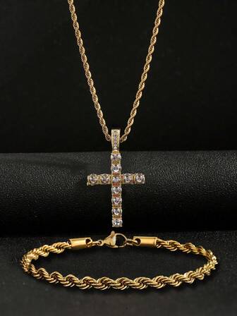 2pcs Cross Rhinestone Pendant Necklace And Braided Bracelet Fashion Sports Jewelry Set, Men's Birthday Gift, Running, Sports, Hip Hop Outfit