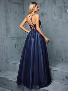 Mgiacy-Pop,New Arrival,A V-Neck Sexy,Graduation Dress, With A Three-Dimensional Floral, Embroidered ,Patchwork Mesh,Contrasting Colors - Navy Blue - View 2