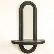 波西米亚风壁挂式装饰镜，实木镜面带置物架，适用于卧室、浴室、客厅、厨房墙面装饰 - 黑色 - 查看 4