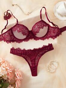 2pcs Set European & American Style Burgundy Lace Sexy Hollow Out Underwire Lingerie Set For Women - Burgundy - View 1