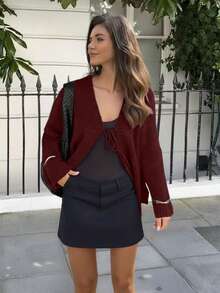 Áo khoác cardigan dệt kim dài tay cổ chữ V thắt nơ kiểu vintage FOR BEAUTY, thời trang tối giản đa năng, dáng rộng, thích hợp cho nữ mùa thu và năm mới. - Màu Đỏ Sâu - Xem 2
