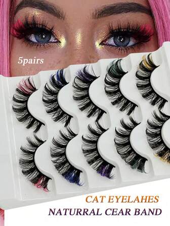 5 Pairs Mixed Color D-Curl Flared False Eyelashes, 3D Fluffy Russian Volume Curl Lashes Suitable For Party, Date, Ball And Various Occasions