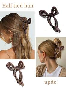 3pcs Leopard Print Criss-Cross Bow Geometric Hair Clips, High-End Hair Claw For Bun, Ponytail, Casual, Party, Holiday, Ideal Gift - Multicolor - View 12