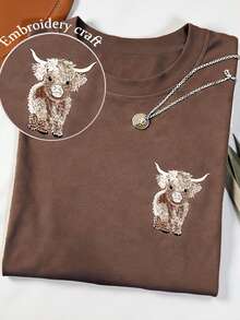 Women's Casual Crew Neck Short Sleeve Embroidered Highland Cow T-Shirt, Retro Vintage Western Style, Coffee Color