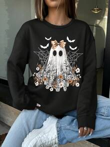 Cute Lace Ghost Halloween "Boo" Lace Bow Graphic T-Shirt, Casual Crew Neck Long Sleeve High-Quality Fleece Sweatshirt, Nightmare Before Christmas Fall Clothes For Women - Black - View 1