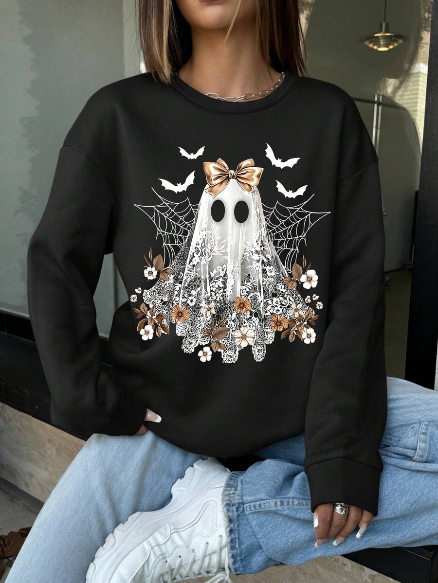 Cute Lace Ghost Halloween "Boo" Lace Bow Graphic T-Shirt, Casual Crew Neck Long Sleeve High-Quality Fleece Sweatshirt, Nightmare Before Christmas Fall Clothes For Women - Black - View 1