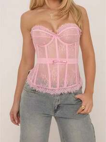 Women Lace Bustier Corset Tops Flower See Through Off Shoulder Sleeveless Body Shaper - Pink - View 1