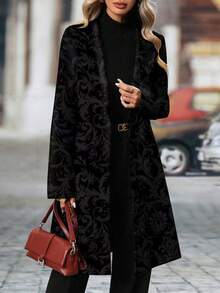 Blazer de manga larga de longitud media con estampado negro elegante y casual, con cuello entallado para primavera/otoño - Negro - Ver 2