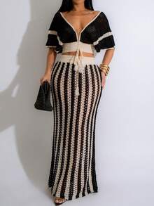 Women's Elegant Colorblock Striped V-Neck Tie Detail Batwing Sleeve Cropped Top And Drawstring Waist Hollow Mermaid Hem Fitted Maxi Skirt 2-Piece Set, Summer Beach Holiday Spring - Đen và trắng - Xem 3