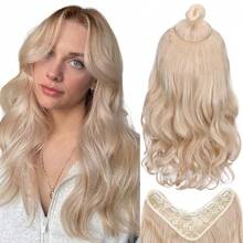 V-Shaped Clip In Extensions Ash Blonde Hair Extension Wavy Hair Extensions Synthetic One Piece Extensions With 5 Secure Clips Clip In Hair Extensions For Women 20 Inches,AshBlonde - AshBlonde - Xem 1