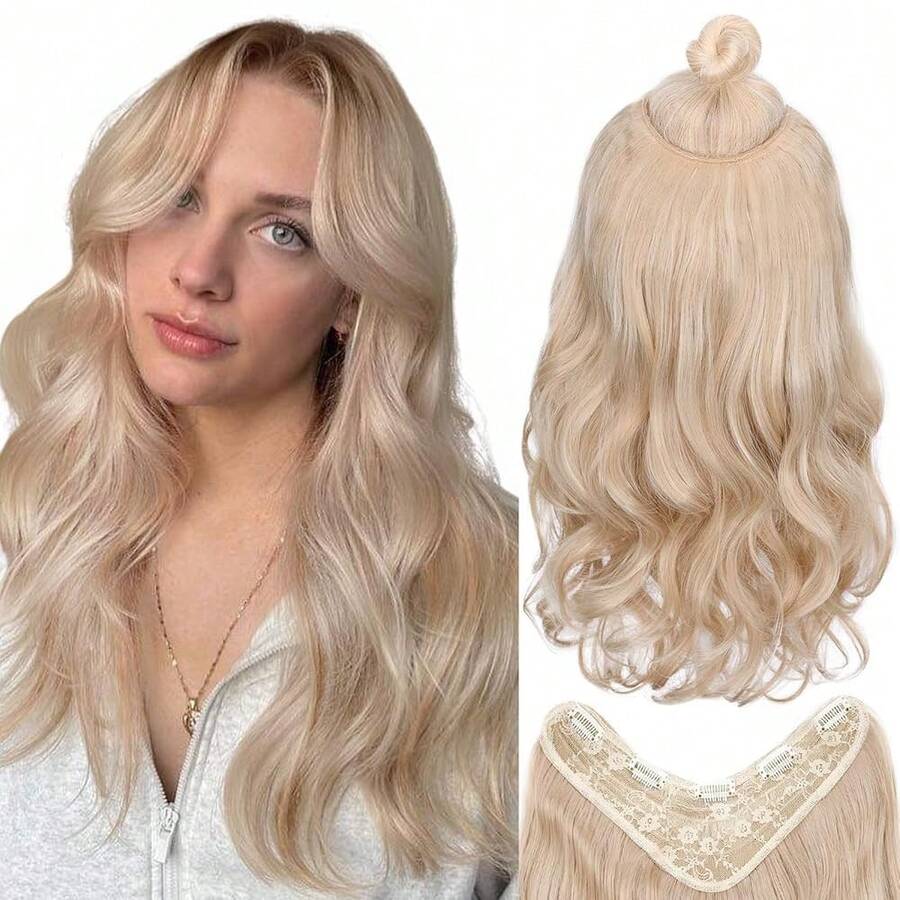 V-Shaped Clip In Extensions Ash Blonde Hair Extension Wavy Hair Extensions Synthetic One Piece Extensions With 5 Secure Clips Clip In Hair Extensions For Women 20 Inches,AshBlonde - AshBlonde - Xem 1