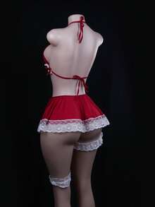 Sexy Maid Lingerie Set With Lace & Bow Tie - Role Play Costume For Romantic Night - 紅色 - 查看 3