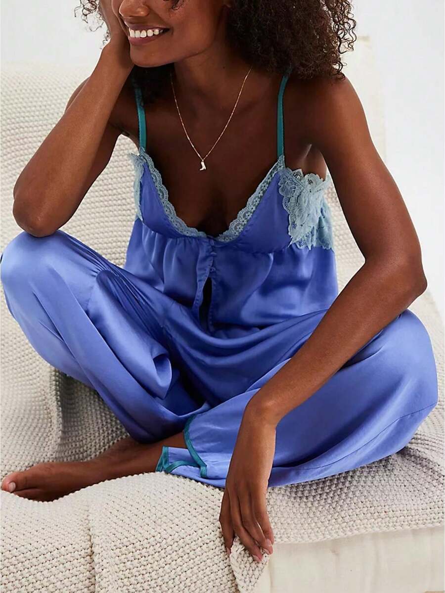 Women's Pajama Sets Lace Patchwork Spaghetti Strap Ruffled Cami Tops With Loose Pants Set Satin Silk Pj Set - 藍色 - 查看 1
