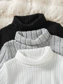 3pcs/Set Newborn Baby Boys' Casual Solid Color Turtleneck Long Sleeve Tops, Regular Fit, Spring/Autumn - Multicolor - View 3