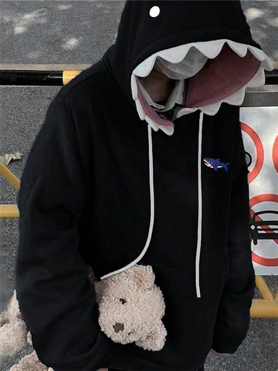 女士纯色宽松连帽衫，长袖抽绳口袋鲨鱼印花休闲街头风，秋季款 - 黑色 - 查看 1