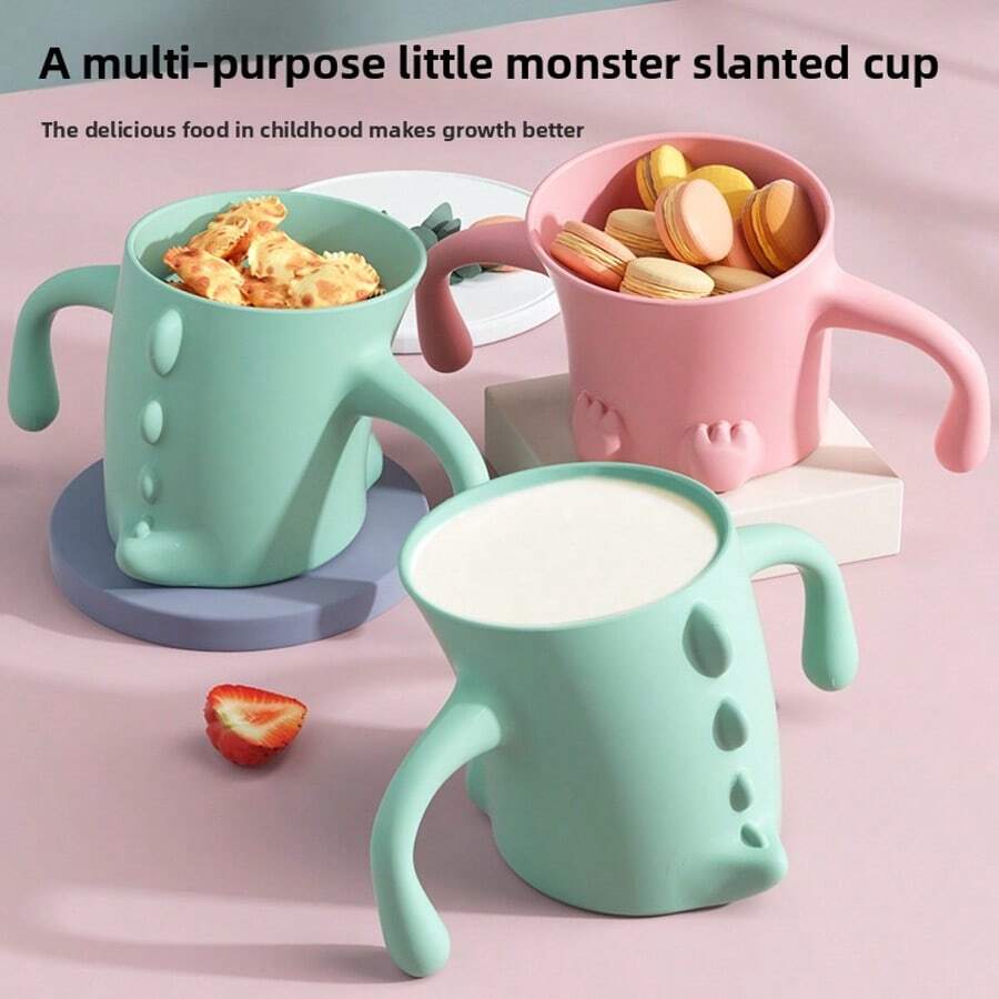 Baby First Stage Sippy Cup - Dinosaur Design Slanted Rim Easy Grip Double Handle