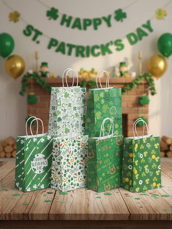 5/10/20pcs St. Patrick's Day Clover Gift Paper Bags With Handles, Reinforced Bottom, Clover Pattern - Ideal For St. Patrick's Day Gifts, Party Favors, Birthday Gifts, Foldable Shopping Bags And Party Bags, Gift Wrapping For Him/Her, Party, Storage