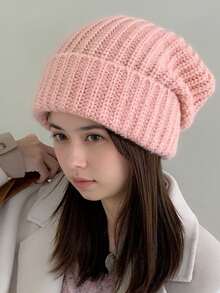 1pc Winter Solid Color Knit Hat, Fashionable Versatile Warm Knitted Beanie - Multicolor - View 8