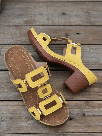 Damskor med tjock sula, grov klack, hög klack, ihåliga sandaler med öppen tå, plusstorlek 43, spänne, rund tå, mjuk botten, öppen tå, platåskor med kilklack, spänne, mångsidig, modern, elegant, bekväm, fritidsskor, lämplig för klänningar