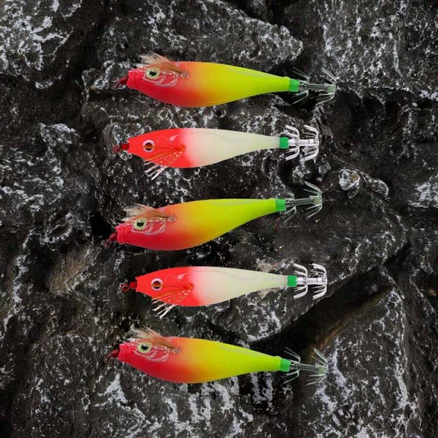 8cm Luminous Wooden Shrimp Squid Lure Set, Suitable For Catching Octopus, Squid, Shrimp, Available In 2pcs Or 5pcs, Saltwater Lure - 5pcs - View 1