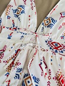 Blouse de style bohème sans dos, col en V profond imprimé avec cordon de serrage, décontractée pour les vacances, pour femmes, printemps/été - Beige - Voir 3