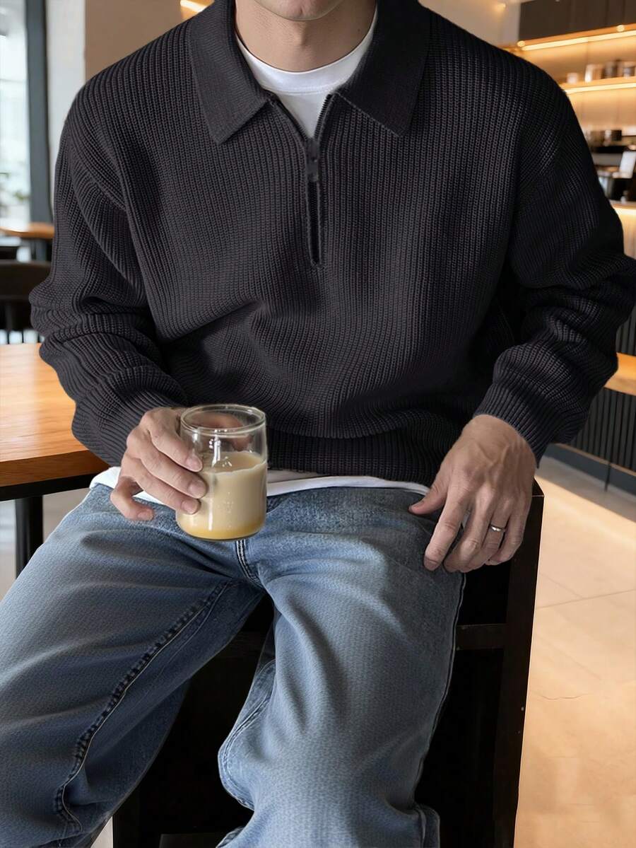 Men's Casual Half Zip Knitted Sweater With Collar, Versatile For Autumn/Winter, Long Sleeve Top