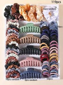 119件套柔和色调时尚发饰套装，包含发箍、大号虾形发夹、发圈和发绳 - 适合女孩和女士，无论是通勤、约会、派对还是休闲度假，都能满足您的发型需求，让您成为时尚焦点 - 2025年新款设计，包含发箍、发带和抓夹 - 彩色 - 查看 12