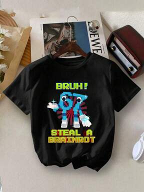 Summer Fashionable And Casual Boy's 100% Pure Cotton Short Sleeved T-Shirt, "67" Cartoon Character Printed T-Shirt, Bright Colors And Full Of Festive Fun, Suitable For Boys Who Like To Play Games To Wear, Internet Hot Meme