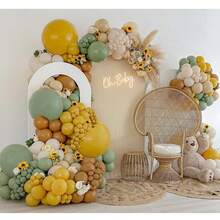 Set 100 buc arcadă de baloane gri-verzui și galbene, galben muștar, maro nud, baloane bej, potrivite pentru petrecere baby shower, dezvăluirea sexului, ursuleț de pluș, mireasă, decorațiuni de petrecere