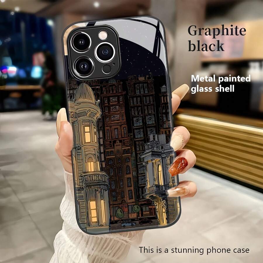 Funda para teléfono con diseño de paisaje urbano nocturno. Compatible con teléfonos , 17, 16 Pro Max, 15 Pro Max, 13 y 12. Fabricada en TPU con un proceso de electrochapado de alta calidad que ofrece protección contra golpes y caídas. Un regalo ideal para familiares, amigos, seres queridos, parejas y para Navidad. - Negro - Ver 1