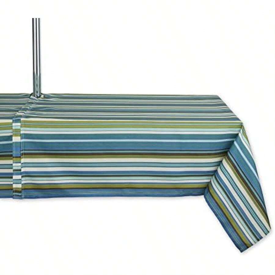 DII Summer Stripe - Colección de Mesa con Cierre para Exteriores, Multiusos, Lavable a máquina, Mantel, 60 x 120, Azul océano(213.4 x 152.4 cm (Rectangular) Estampado playero) - Multicolor - Ver 1