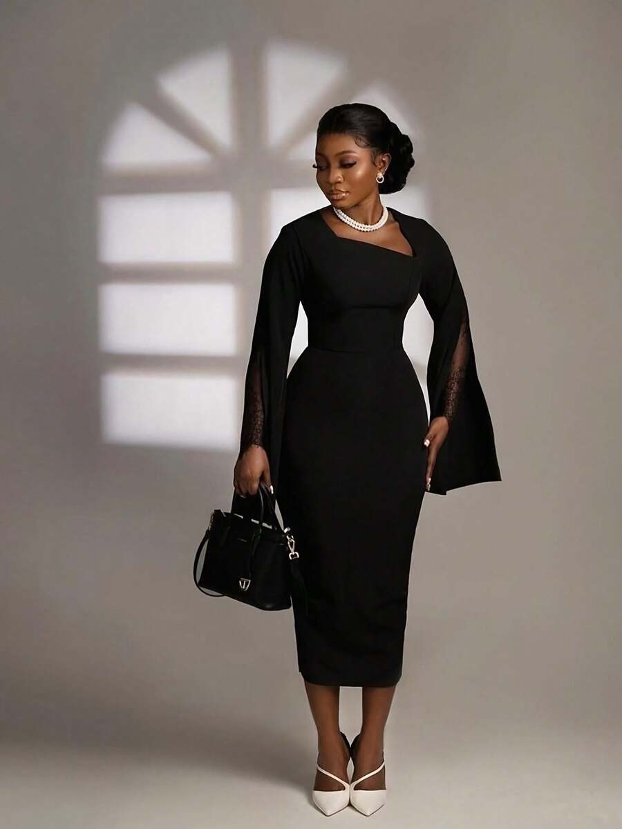 Váy ren chắp vá dài vừa phải NOU dành cho nữ, cổ áo bất đối xứng, thắt eo, ôm sát, thoải mái khi đi làm, thường ngày, thanh lịch, lãng mạn, tối giản, phù hợp để mặc nơi công sở, mặc hàng ngày, xuân/thu - màu đen - Xem 1