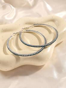 Minimalist Rhinestone Hoop Earrings For Women, Fashionable Geometric Round Circle Pendant Earrings - Peacock Blue - View 4