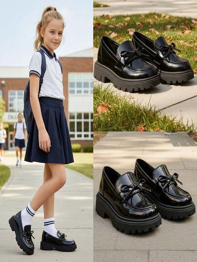 1 Pair Black Patent Leather Bow Slip-On Children's Loafers, Rubber Soft Sole Elevated, Soft PU Lining, Elegant British Style Mid-Heel, Suitable For 3-15 Years Old Girls, Casual, Holiday, School, Party, Outdoor Wear, 2025 New Spring/Summer/Autumn/Winter