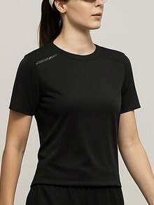 Women's Summer Ice Silk Athletic T-Shirt, Quick Dry Breathable Solid Crew Neck Tee With Back Print For Running Fitness Yoga Tennis Cycling - Black - View 9