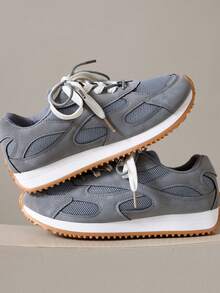 Solid Color Versatile New Women Shoes, Fashion Lace-Up Round Toe, Comfortable Soft Bottom, Casual Sneakers, Fashionable Shoes, Suitable For Daily Wear, Commuting - Grey - View 1
