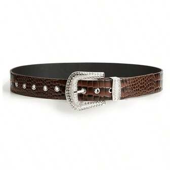 Retro American Crocodile Texture Rhinestone Buckle Personalized Party Belt, Suitable For Millennium, Christmas, Thanksgiving, Accessories, Gifts For Women, Women's Autumn/Winter/Christmas Outfits, Western Style Chain Belt, Women's Accessories, Brown Belt, Western Style, Female Cowgirl, Black Belt, Halloween Accessories, Travel Essentials, Crocodile Texture Party PU (Polyurethane) Belt For All Seasons