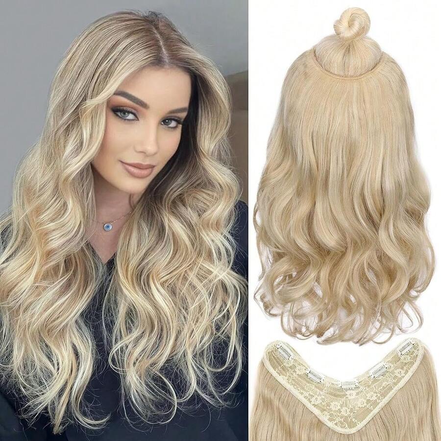 Clip In Extensions V Shaped Hair Extension 20 Inches Soft Extensions For Women Synthetic One Piece Wavy Clip In Hair Extensions Thick Blonde Hair Extensions About 70 Gram For Daily Use(27/613),Blonde - شقراء - مشاهدة 1