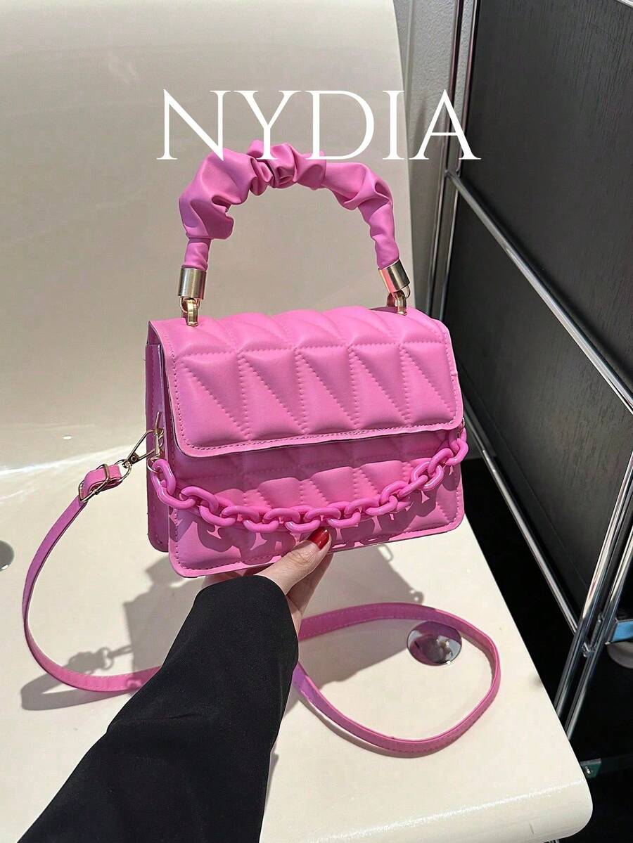 Mini Bolso Cuadrado Decoración Cadena Estampado Acolchado Rosa rosa - Rosa - Ver 1