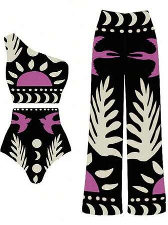 Ny ankomst, trendigt och sexigt 3-delat baddräktsset för kvinnor, meshtryck i nederdel