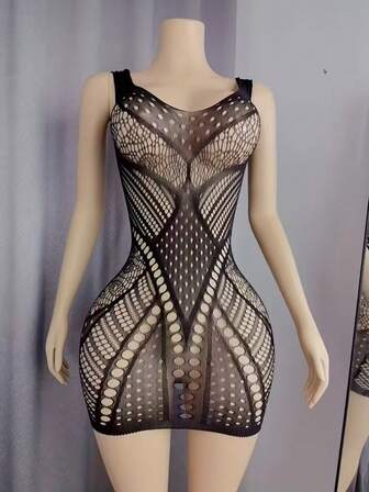 Sexy Black Mesh Bodystocking Lingerie With Strapless Design - Elegant One-Piece Mesh Suit For Women, Polyamide Fabric, Knit Construction, Perfect For Adult Wear, Adult Lingerie|Strapless Bodystocking|Polyamide Fabric Tights Sexy Dress Nightdress