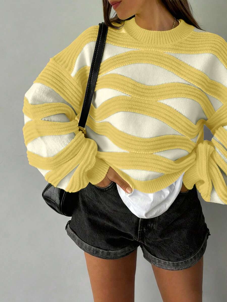 FOR BEAUTY Áo len nữ Y2K kẻ sọc cổ tròn tay lồng dài dáng rộng thanh lịch casual mặc đi chơi màu trơn thu đông - Pudding màu vàng - Xem 1