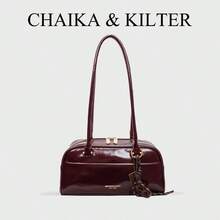 1个 CHAIKA & KILTER 亮面PU布单肩包，女士时尚大容量保龄球包，双提手设计，拉链封口，适合日常和户外使用（附赠吊坠） - 酒紅色 - 查看 9